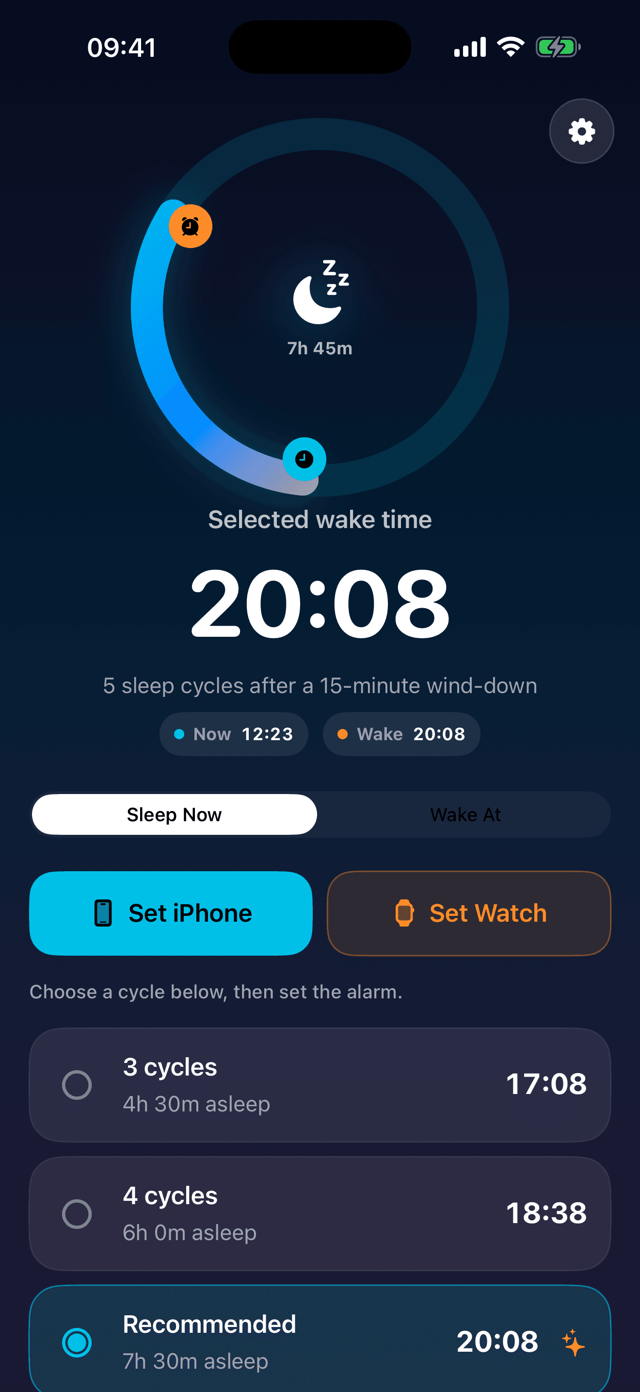 WakeArc Sleep Now screen showing a recommended wake time